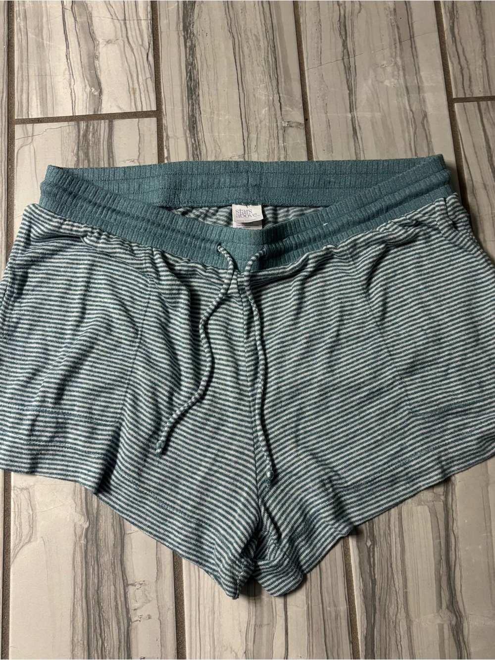 stars above Teal and White Striped lounge Shorts